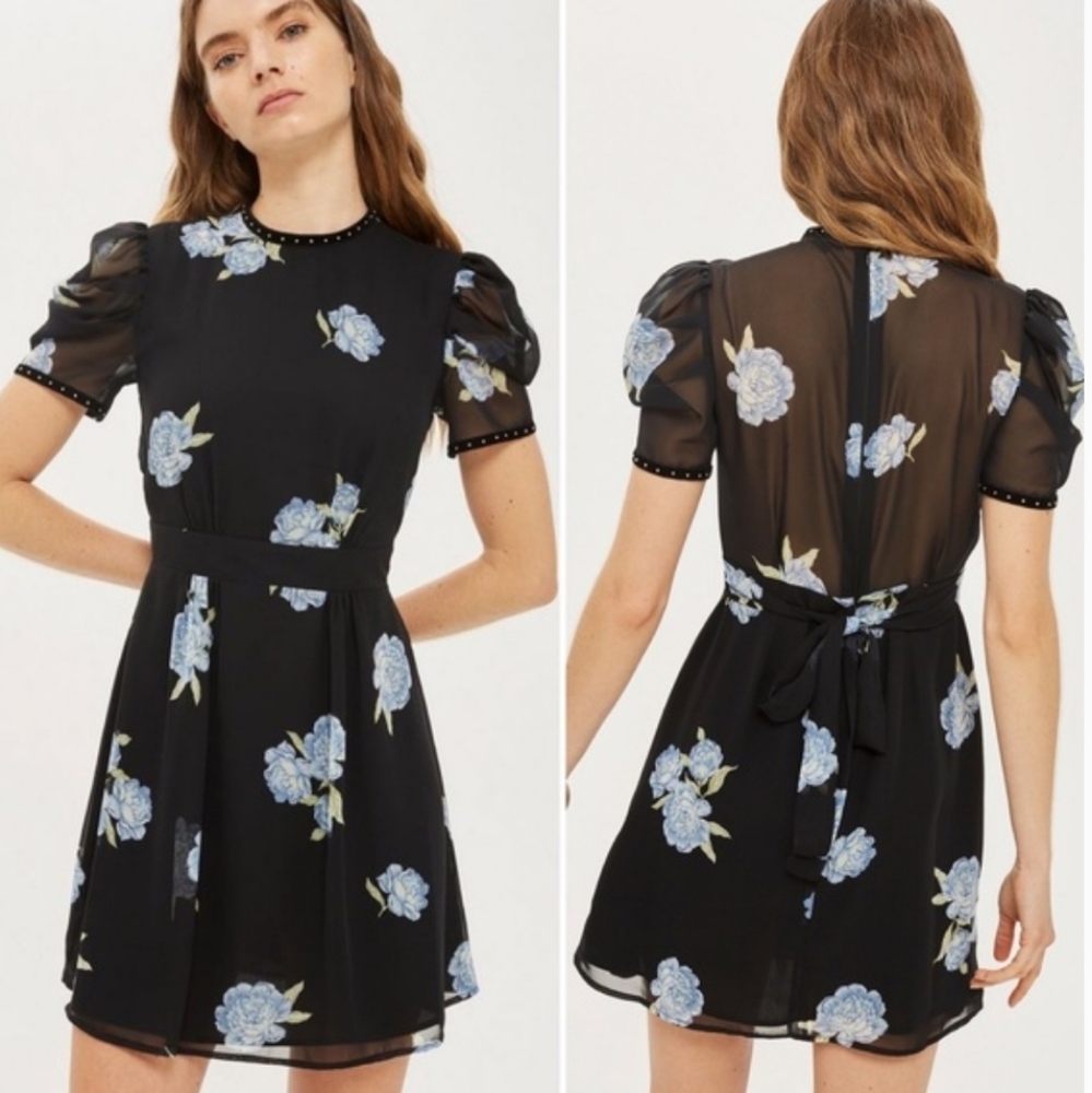 NEW Topshop Floral Print Mini Dress Size 4 in Black Floral
